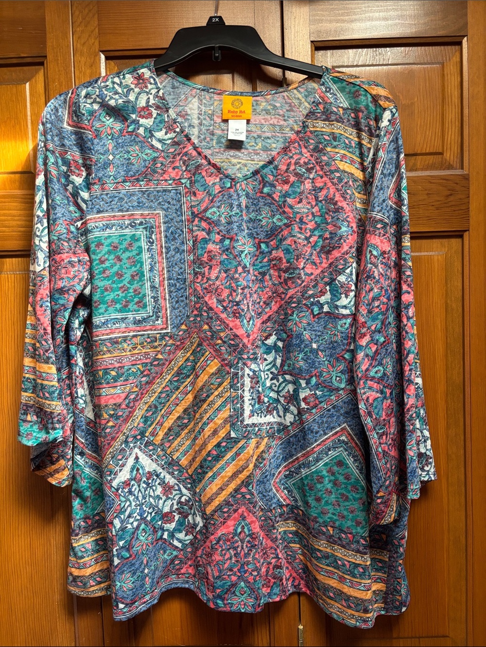 Ruby Rd. Patchwork Print V-Neck Tunic in Teal, Coral & Navy